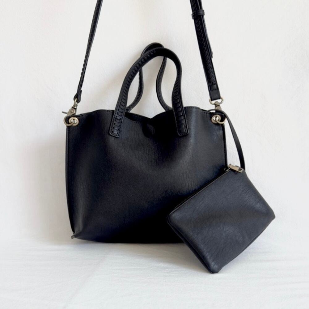 SASHA & SOFI Classic Simple Black Faux Leather Crossbody HandBag w/ Pouch